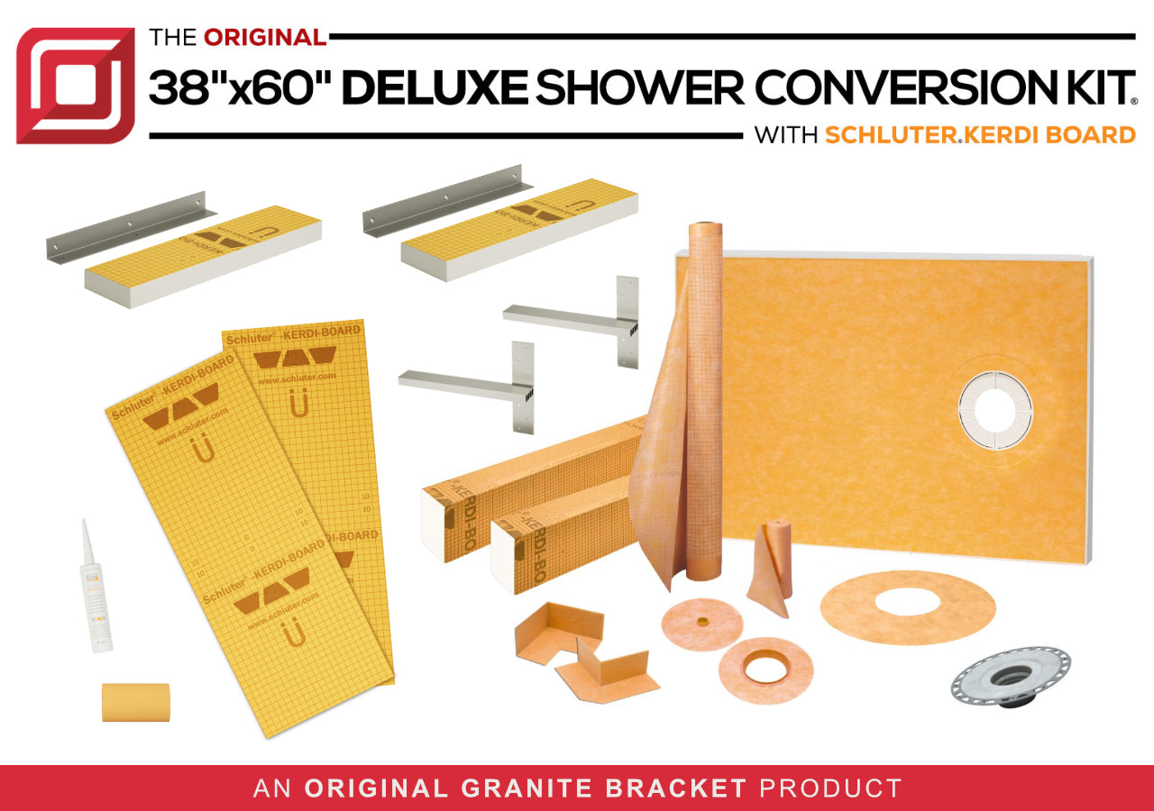 The Original Deluxe 38"x60" Shower Conversion Kit with Schluter® Kerdi Board with Original Shower Bench and Original Shower Shelves