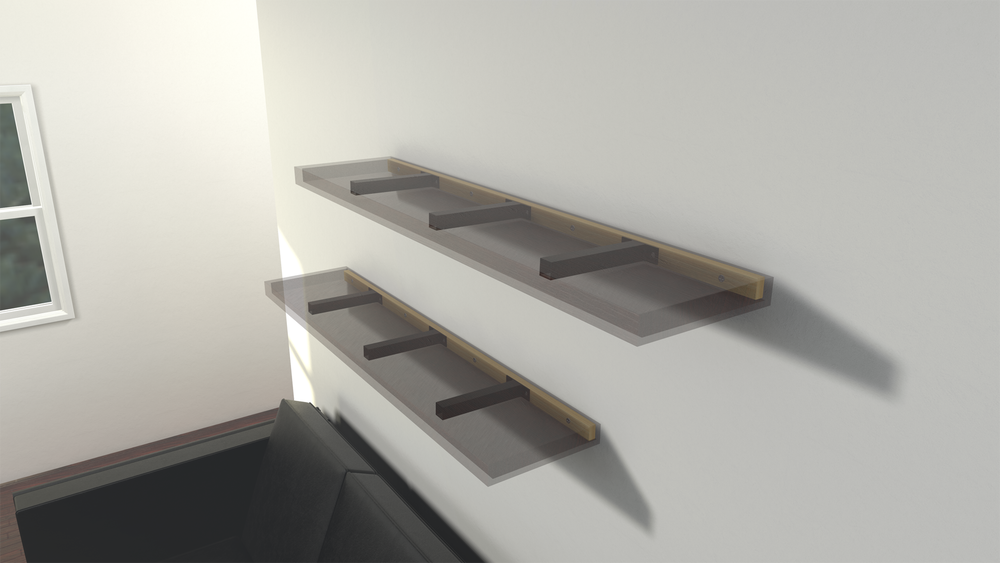 
                  
                    2 floating shelves attached to a wall with a total of 6 square free floating shelves on a white wall with a window in the background.
                  
                