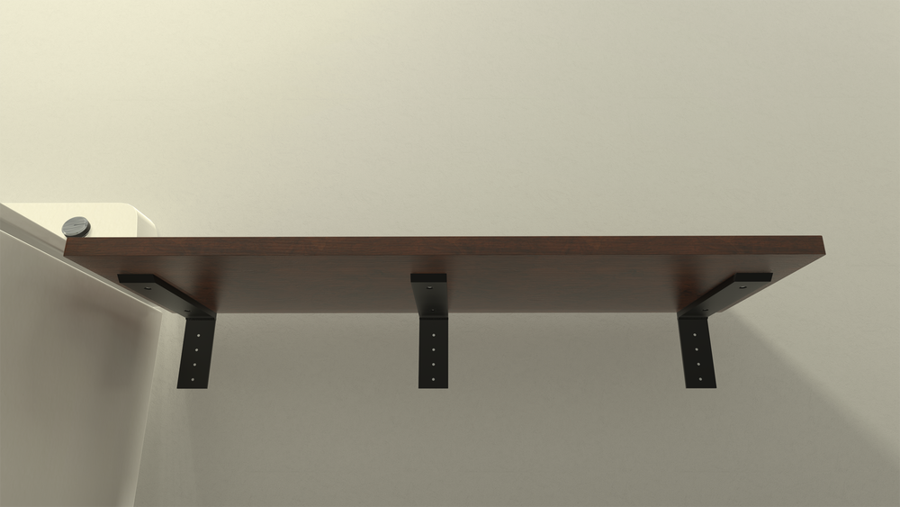 
                  
                    A front view of a dark wood shelf attached to a white wall with 3 black regular wood shelf brackets..
                  
                