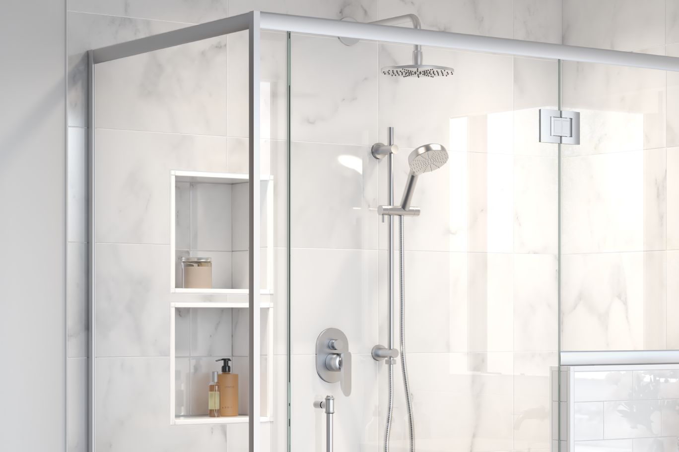 
                  
                    A standing shower with a two small shower niches stacked on top of each other holding body scrub, shampoo and conditioner.
                  
                