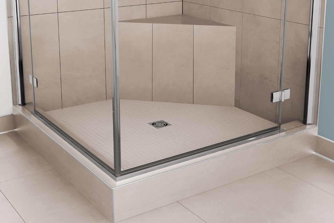 
                  
                    A wide view of a standing shower with a shower seat with white tiles using Schluter Kerdi Board Waterproof Shower Curb.
                  
                