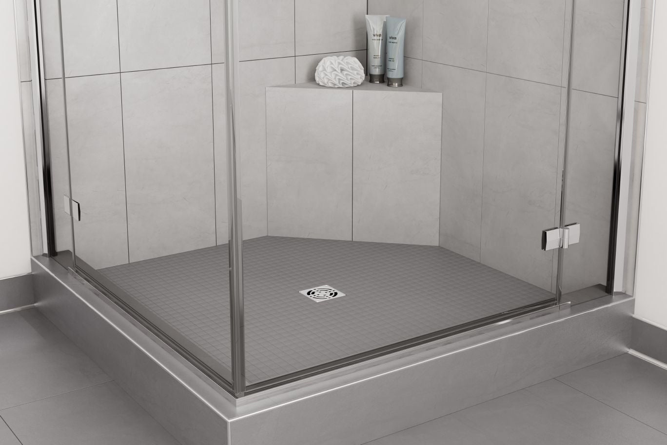 
                  
                    A gray-colored standing shower with a corner Schluter waterproof shower bench.
                  
                
