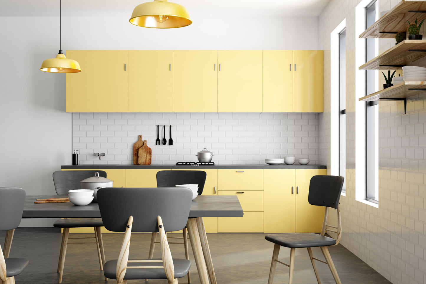Grey countertop support bracket yellow cabinets 