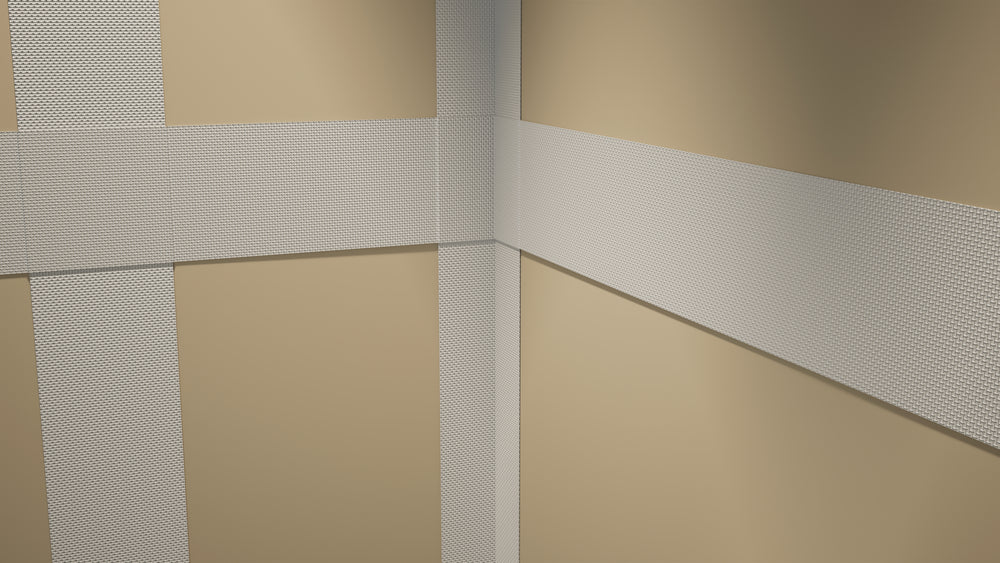 
                  
                    Fiberglass tape attached to a beige bathroom wallboard.
                  
                
