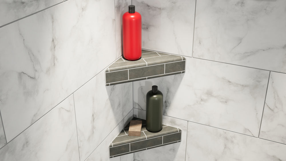 
                  
                    Two gray tiled original corner shower shelves in a white marbled shower with a red shampoo bottle and a gray conditioner bottle with a bar of soap next to it.
                  
                