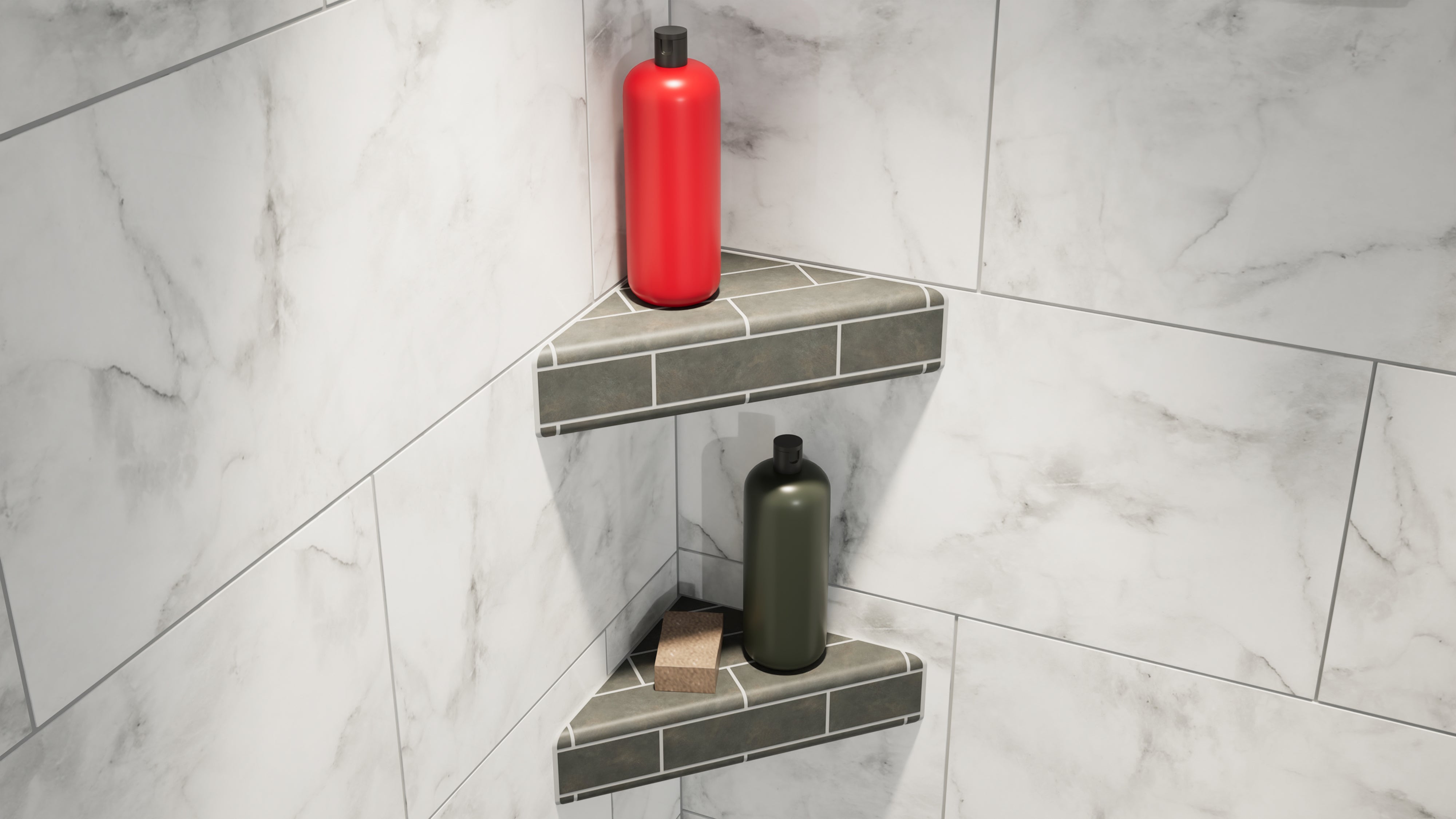 Two gray tiled original corner shower shelves in a white marbled shower with a red shampoo bottle and a gray conditioner bottle with a bar of soap next to it.