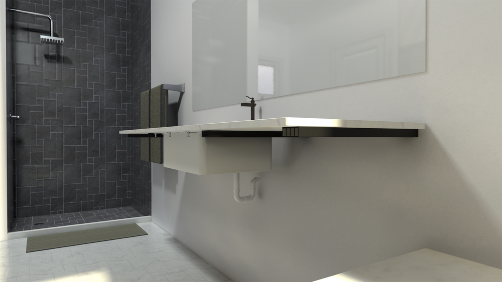 
                  
                    A right angle of a white bathroom countertop held in place by Original Free Floating Vanity Bracket with a dark gray standing shower next two a towel rack in the background.
                  
                