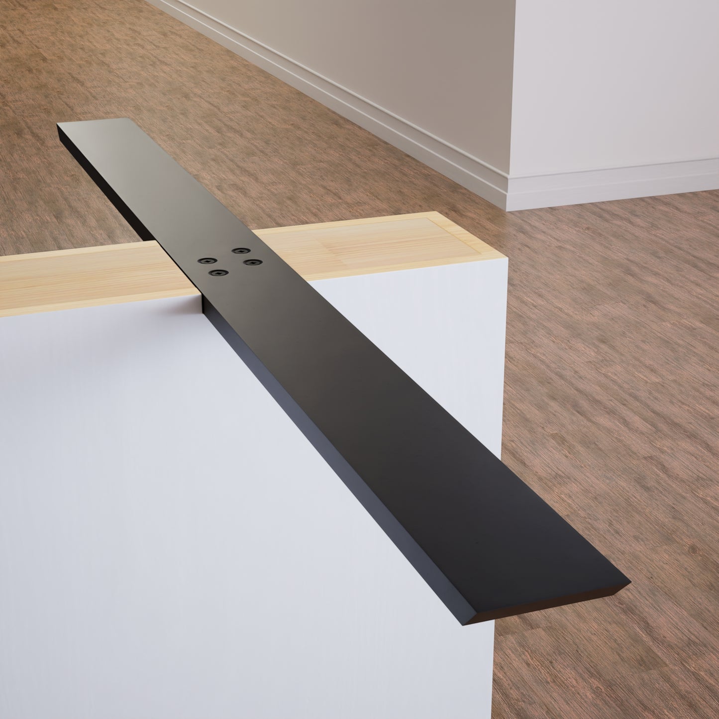 Black Flat Wall Bracket on a white half wall on a light brown wood floor