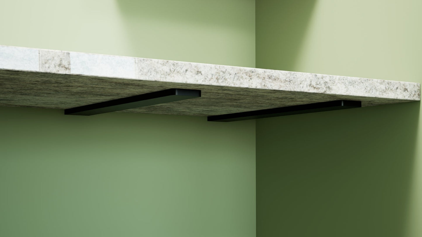Floating shelf bracket mounted under countertop, hidden support visible from underside