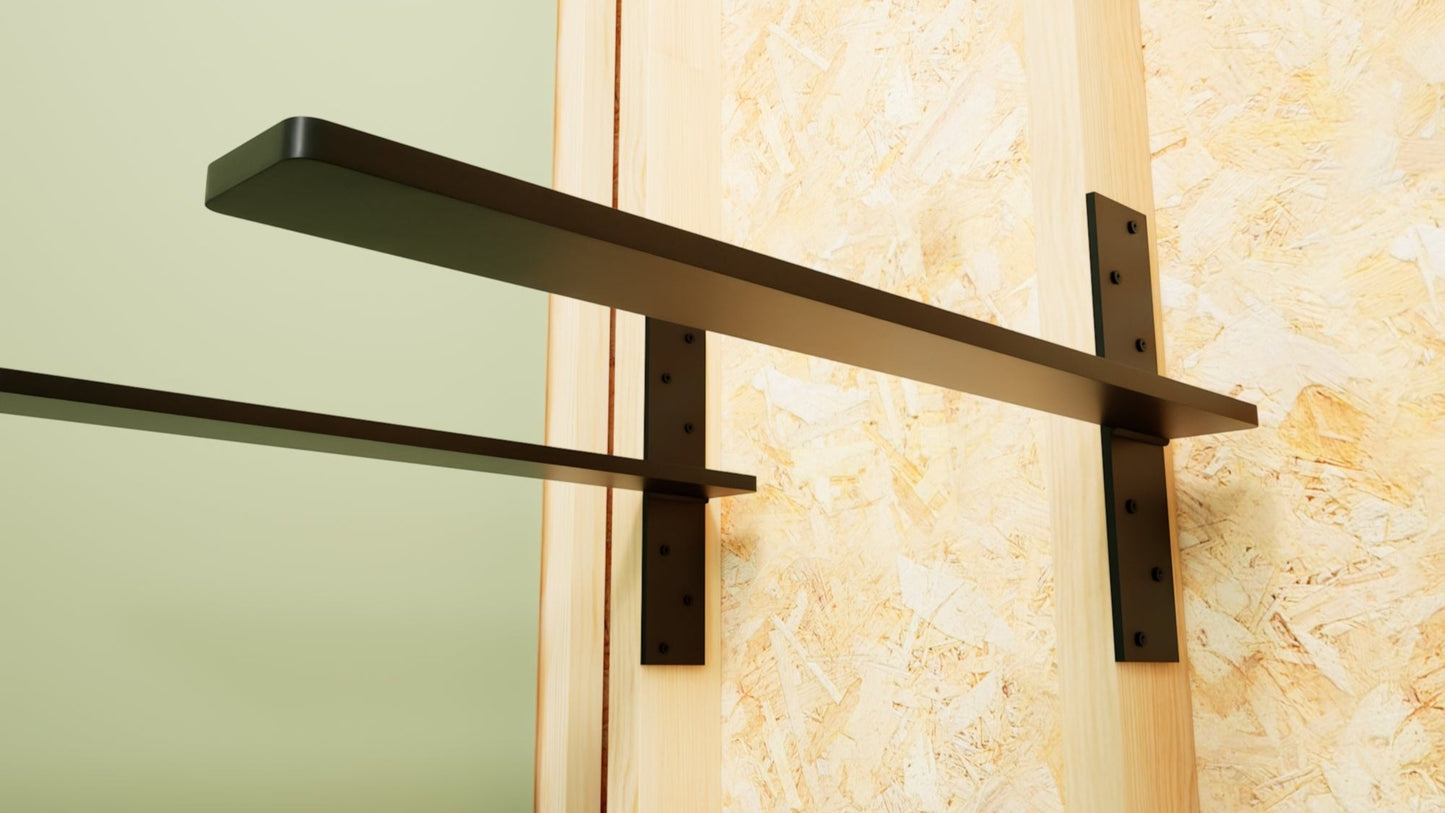 Free hanging heavy duty shelf bracket attached to wooden studs against a green wall