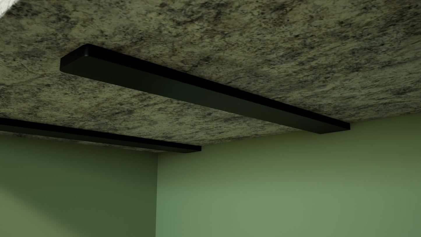 hidden floating shelf bracket under granite countertop; heavy duty steel support, concealed brace black matte finish