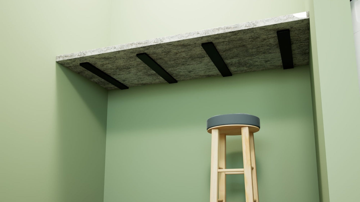 Floating shelf bracket mounted under countertop against a modern green background