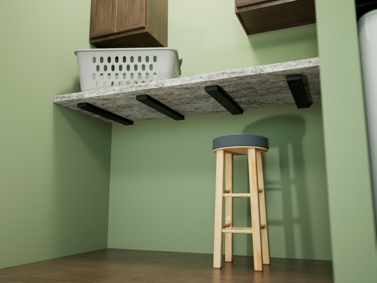 Floating shelf bracket mounted under a shelf in a laundry room, supporting laundry essentials.