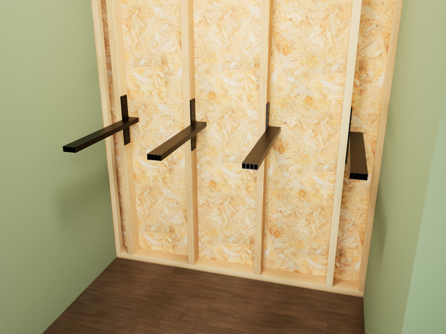 Industrial-style floating shelf bracket attached to wooden studs in a small laundry room space