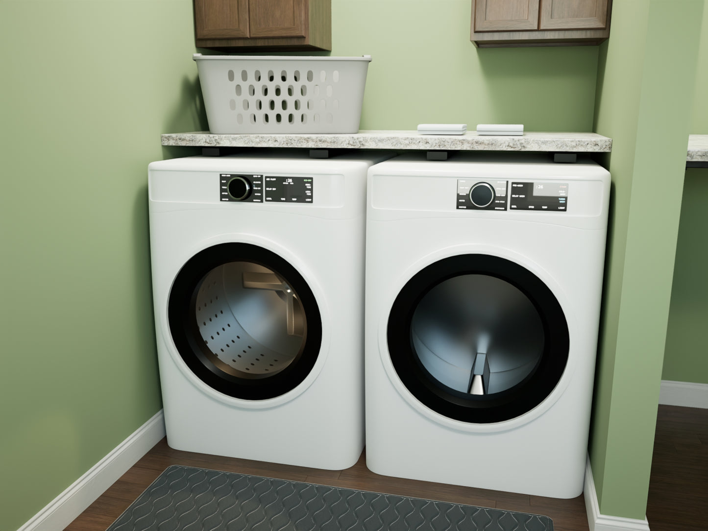 Industrial floating shelf bracket supporting a shelf above a washer and dryer in a laundry room.