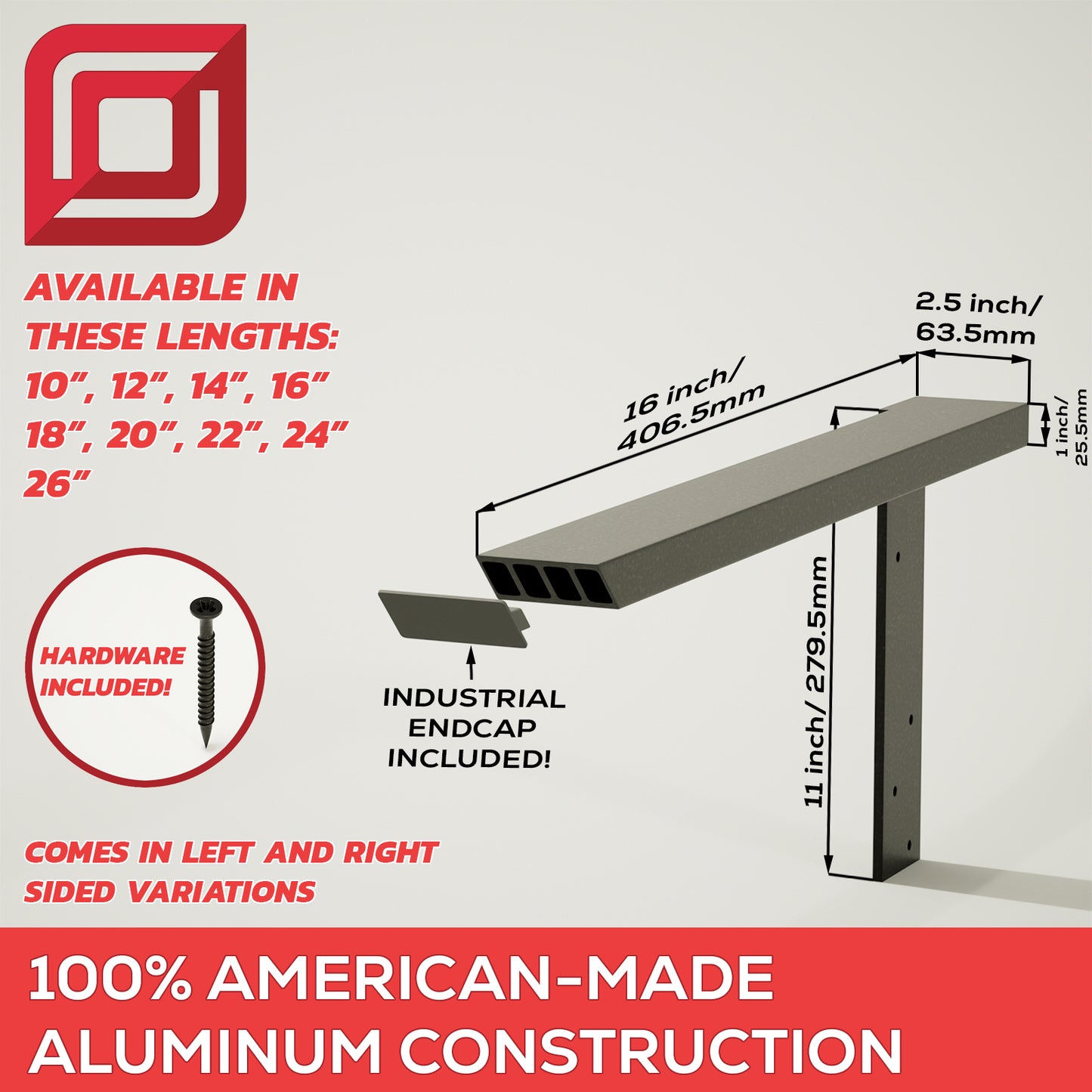 
                  
                    The Original™ Side Wall Free Hanging Shelf Bracket in Industrial, Aluminum or American Made Steel
                  
                