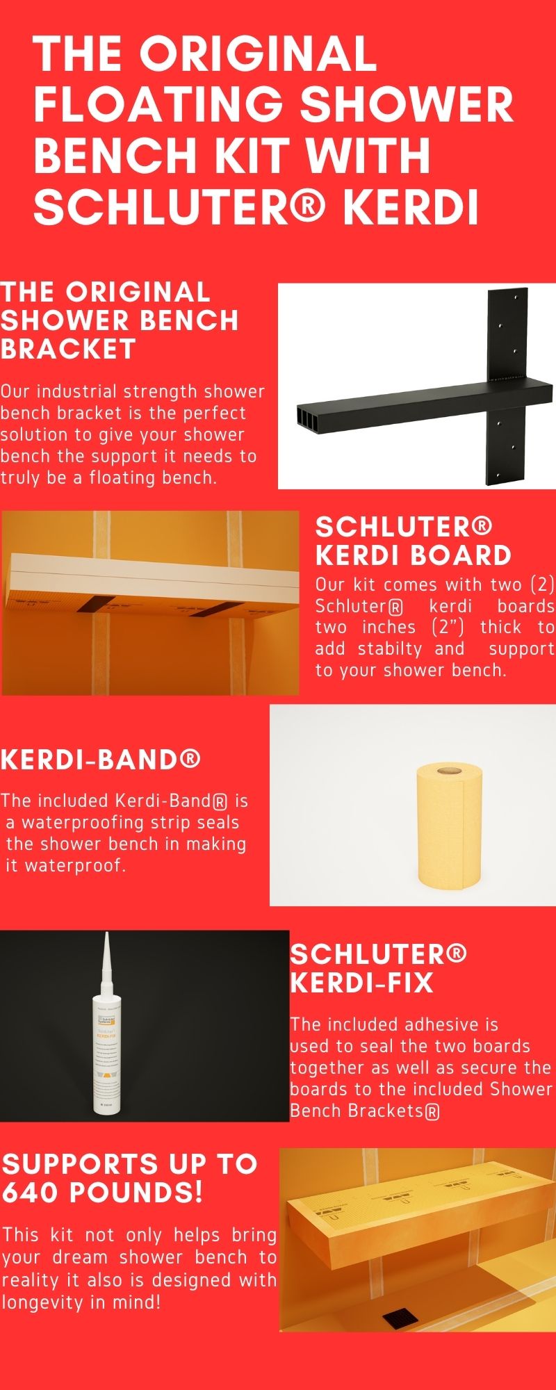 The Original Floating Shower Bench Kit with Schluter. 