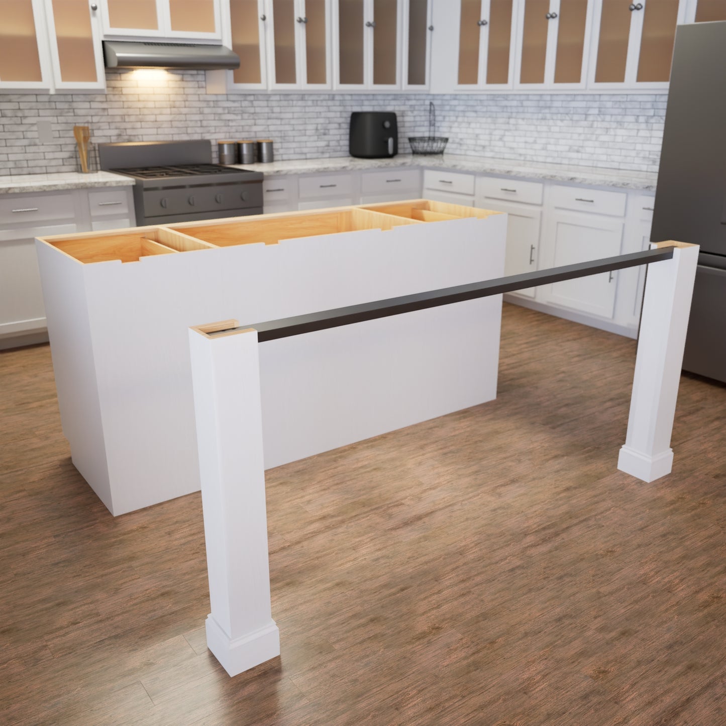 A black post bracket spanning between two white posts for a kitchen island in a modern kitchen setting
