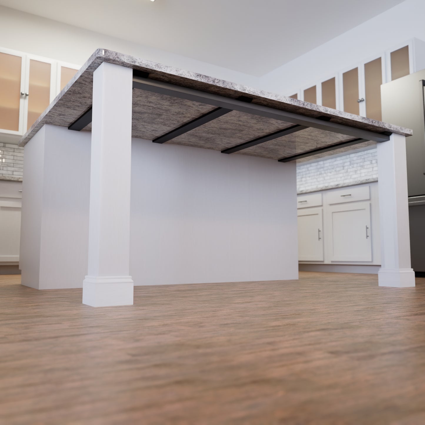 Under view of a quartz countertop being supported by a post bracket and 4 bridge brackets