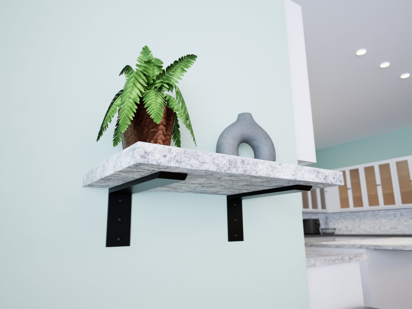 A floating shelf with a marble-like appearance supported by a black metal bracket, featuring a potted plant and a decorative object.