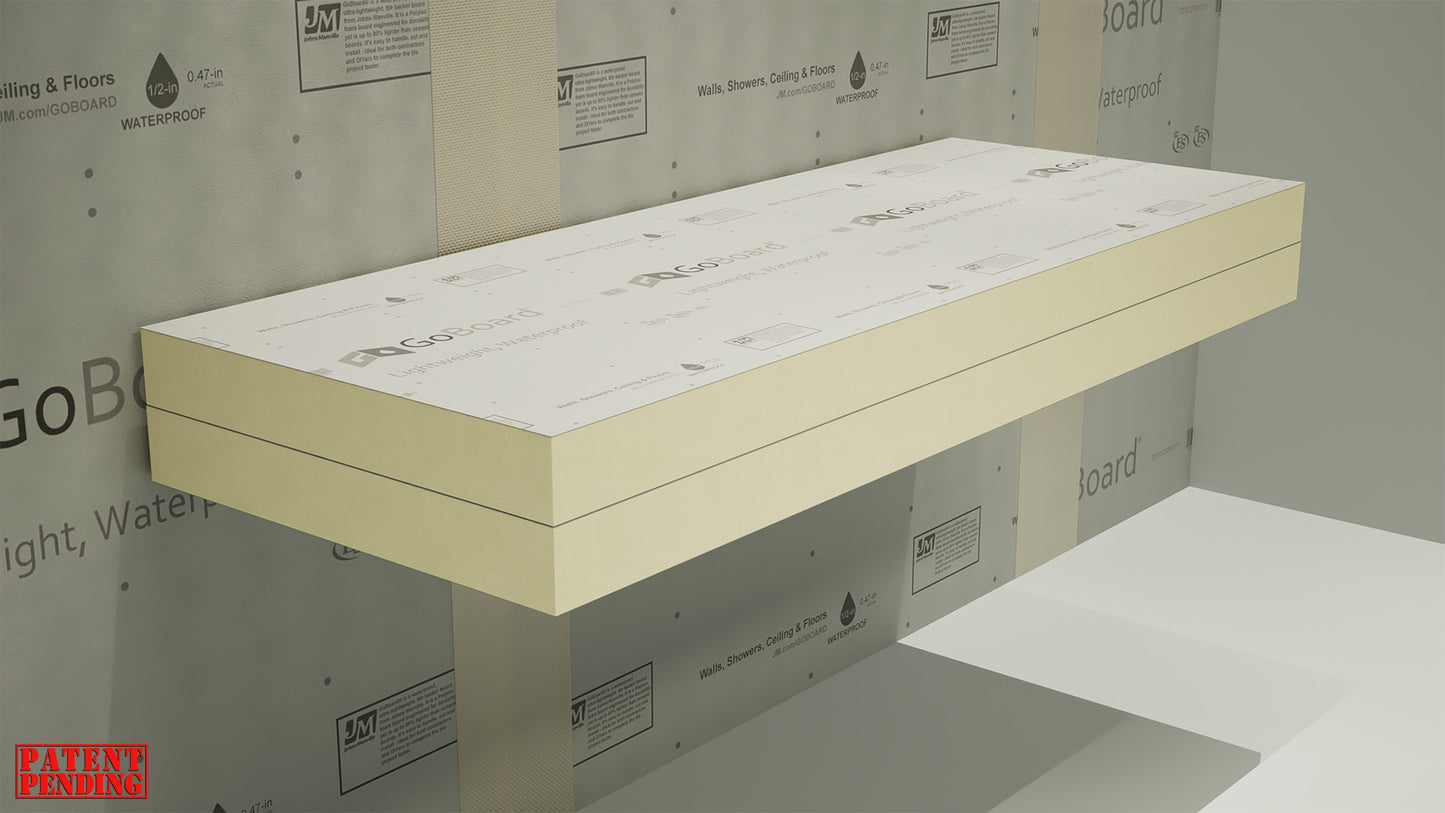 Shower Bench Kit with GoBoard affixed to an unfinished wall with GoBoard and waterproof listed.