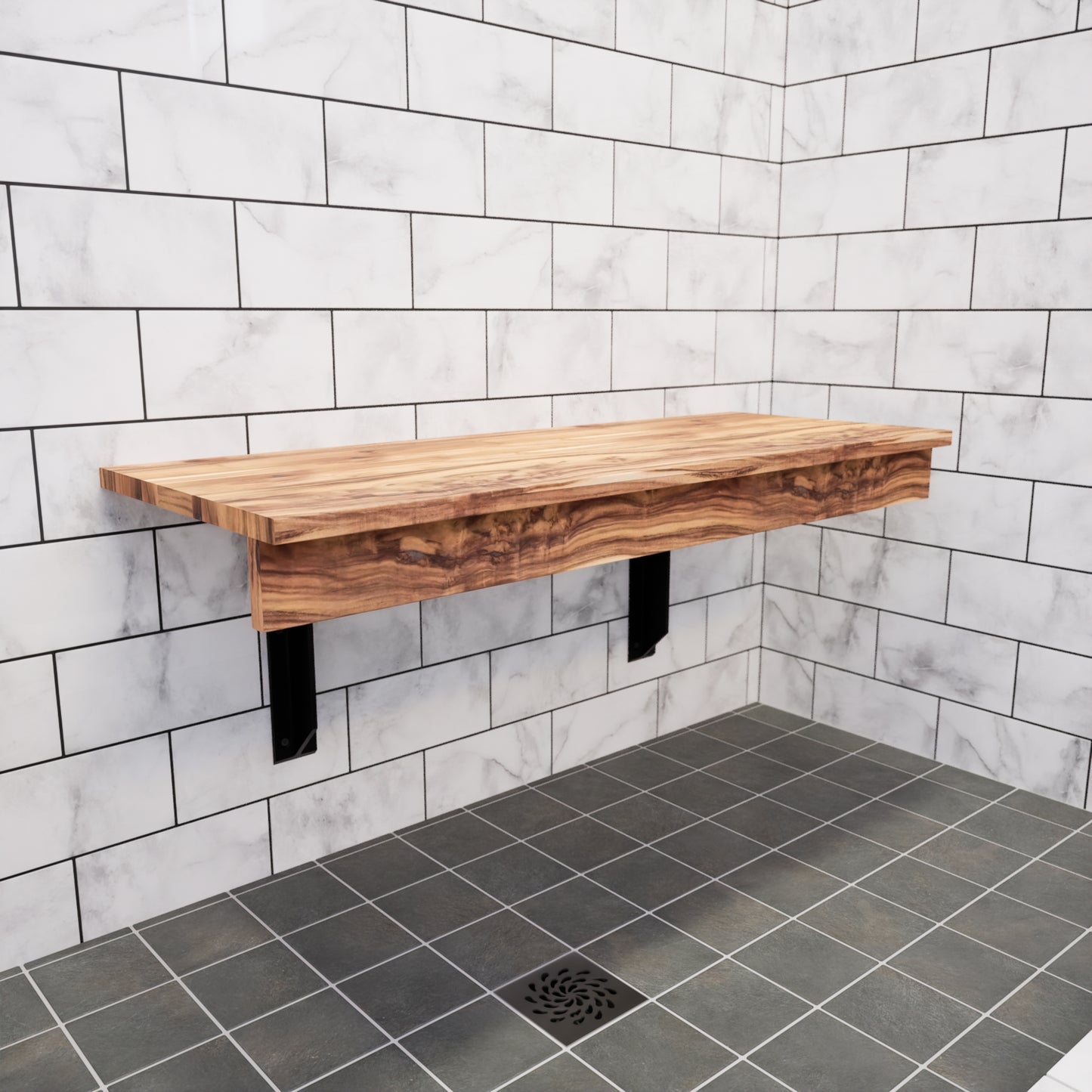 The Original™ Teak Shower Bench wall-mounted in a modern bathroom, natural teak finish and slatted top for drainage