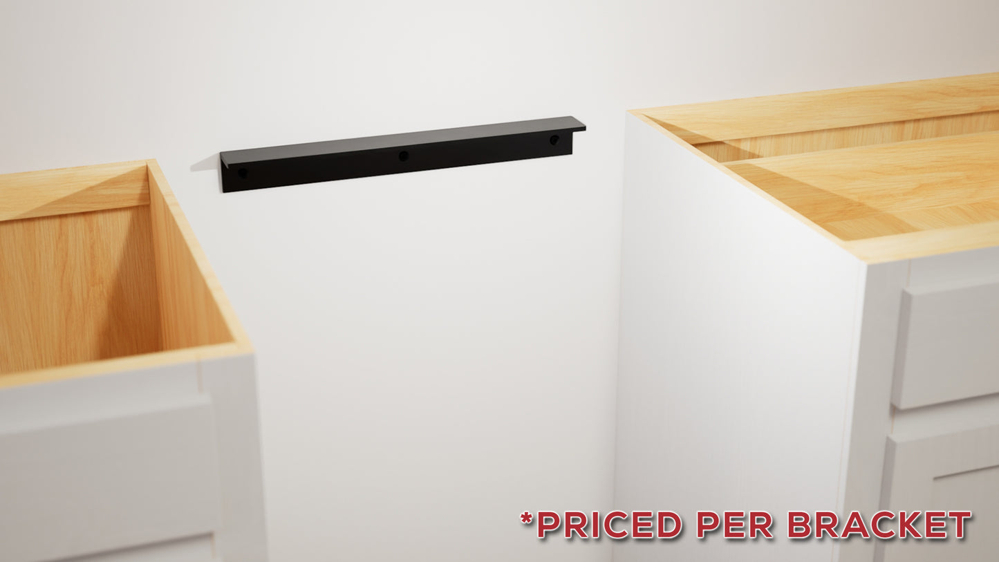 Black dishwasher support bracket attached a white wall in between two white cabinets with the words "Priced per bracket" listed in the corner