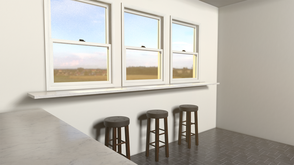 
                  
                    3 windows with a shelf beneath attached to a white wall using a side wall free hanging shelf bracket with three brown bar stools beneath it.
                  
                