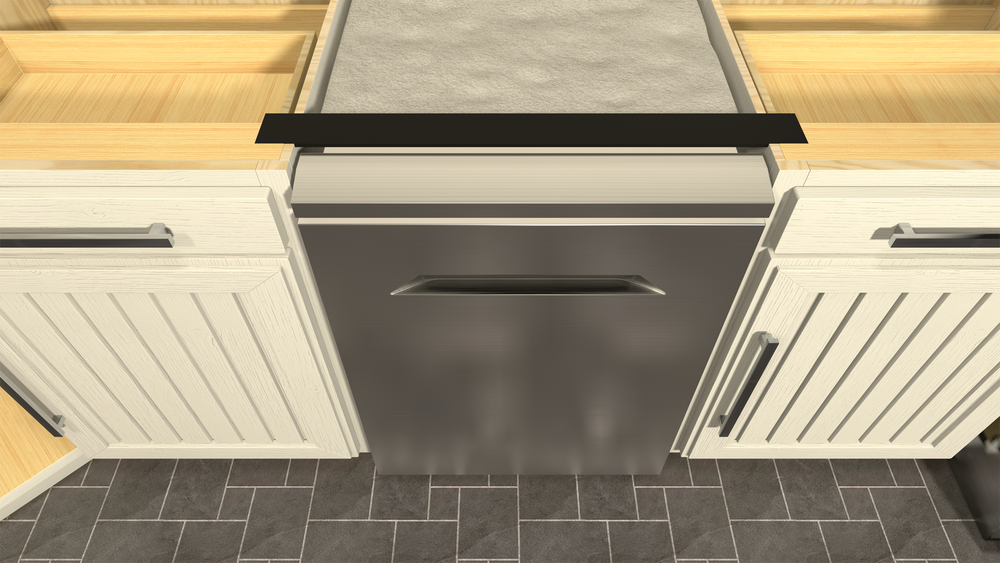 
                  
                    Top-down view of black dishwasher support bracket attached to two white countertops with a grey dishwasher in between. 
                  
                