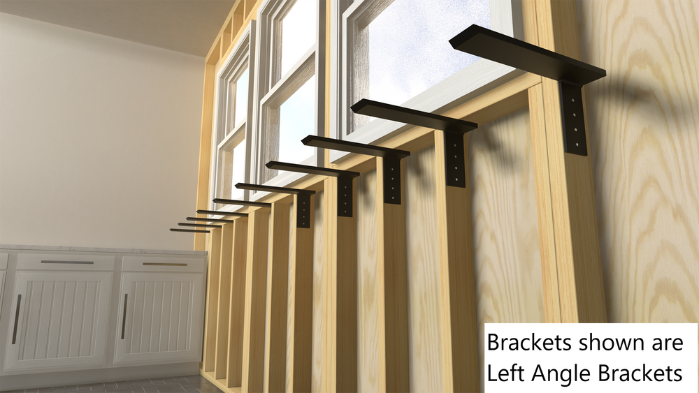 
                  
                    Side view of several left-angle side wall free hanging shelf brackets attached to an unfinished wooden wall with a white cabinet with two doors in the background.
                  
                