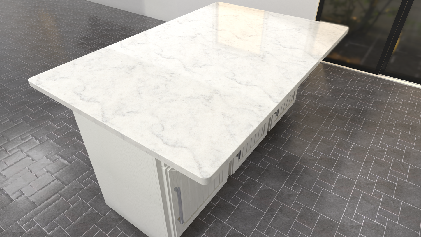 
                  
                    A top-down view of a white marble island countertop with cabinets for storage on a gray tile floor.
                  
                