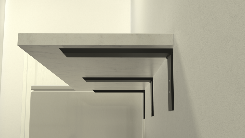 
                  
                    A side view of 3 regular shelf brackets holding a white shelf along a white wall.
                  
                