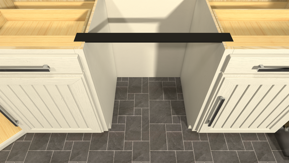  A black dishwasher support bracket attached between two white wooden cabinets.