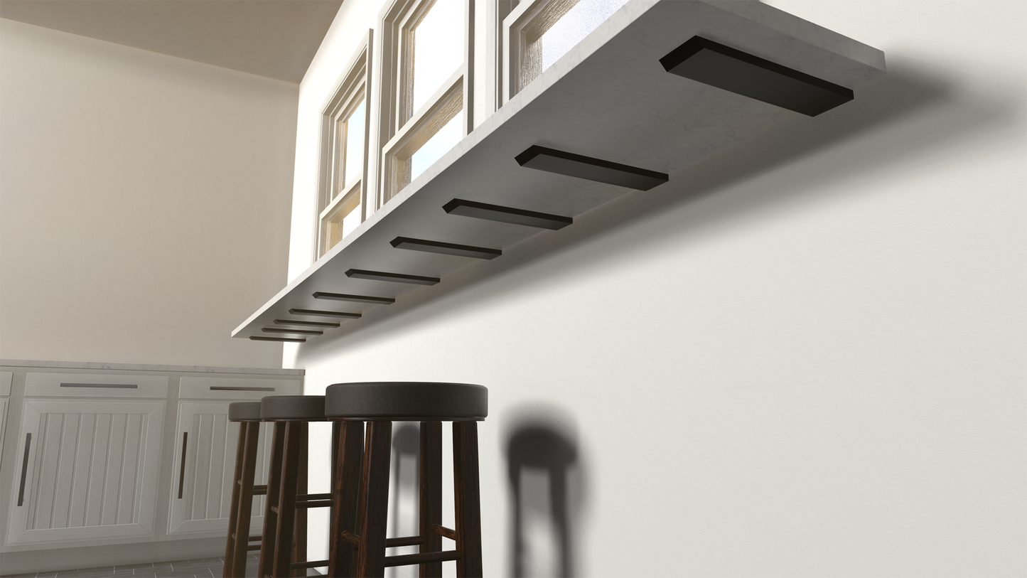 
                  
                    Under view of the free hanging shelf brackets holding a shelf in place above three brown bar stools and below three windows.
                  
                