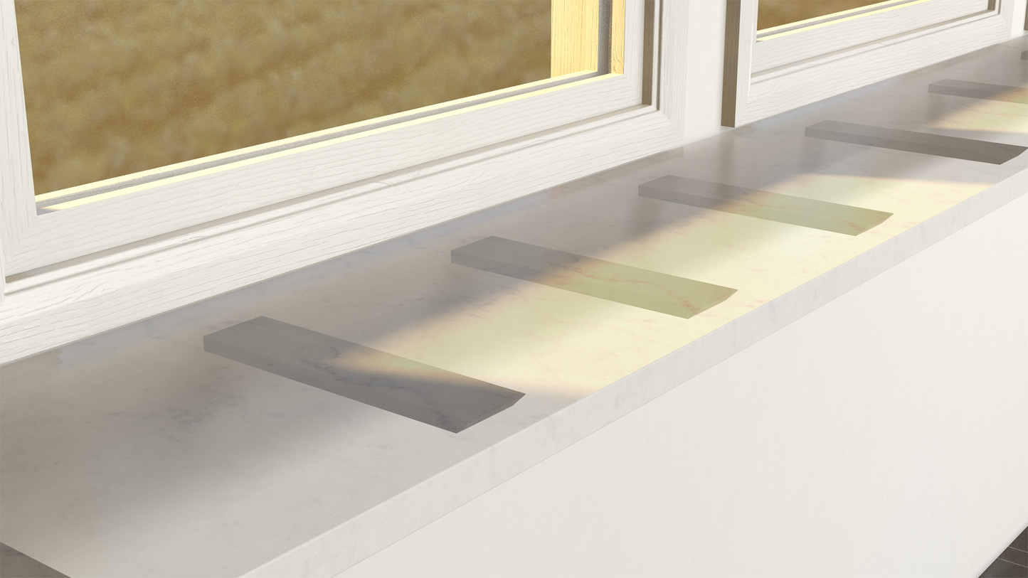 
                  
                    A close-up image of a window bar shelf held in place by the side wall free hanging shelf bracket.
                  
                