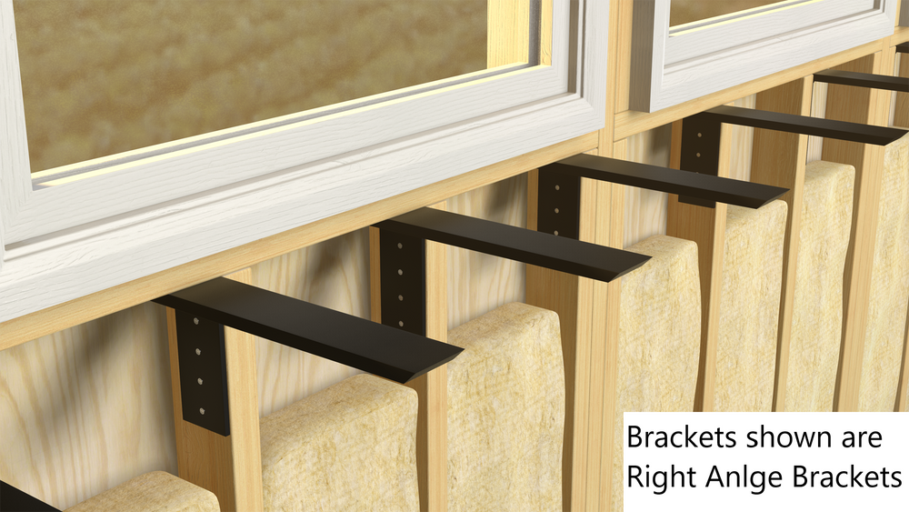 
                  
                    A close-up side view of four right-angle side wall free hanging shelf brackets on an exposed wooden wall underneath a white window frame.
                  
                