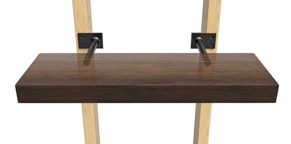 Round Free Floating Shelf Brackets affixed to two wood boards holding up a dark brown wooden shelf.