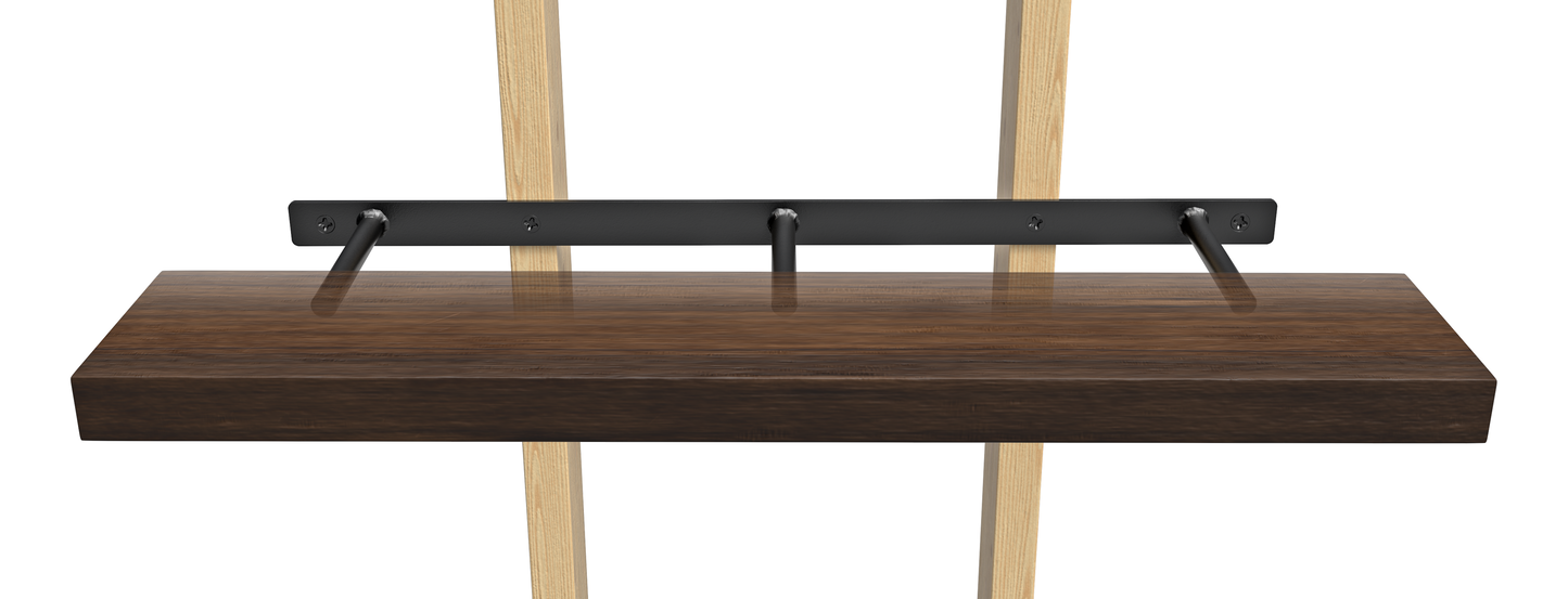 3 Round Free Floating Shelf Brackets attached to two wood boards holding a dark brown wooden shelf.