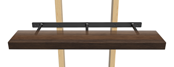 3 Round Free Floating Shelf Brackets attached to two wood boards holding a dark brown wooden shelf.