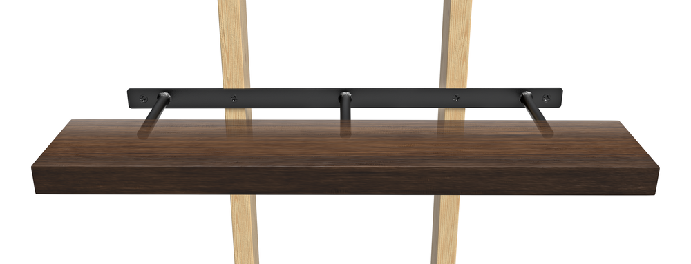 
                  
                    3 Round Free Floating Shelf Brackets attached to two wood boards holding a dark brown wooden shelf.
                  
                