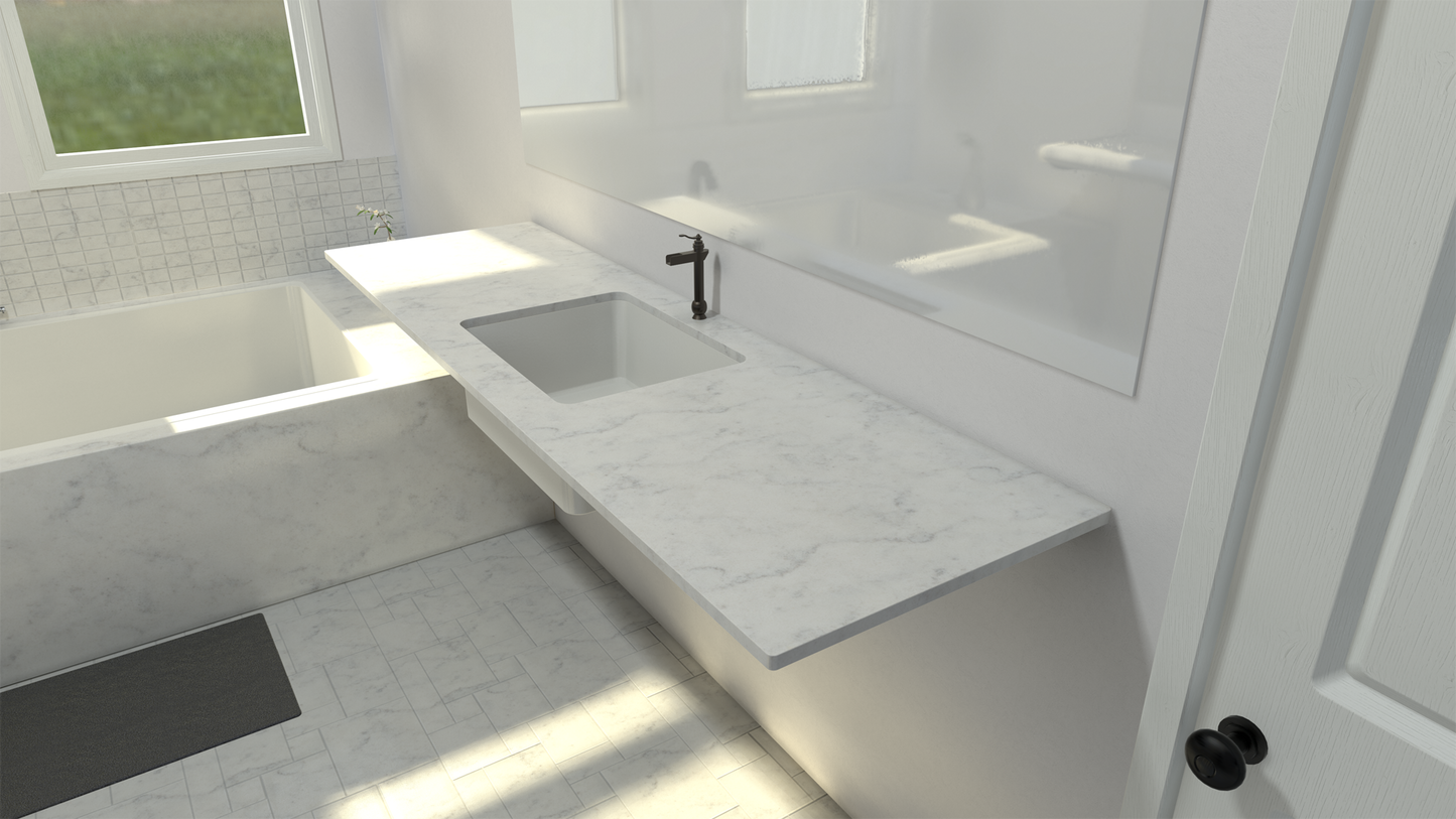 
                  
                    A floating white marble bathroom vanity in a white-themed bathroom with a white marble tub in the background.
                  
                
