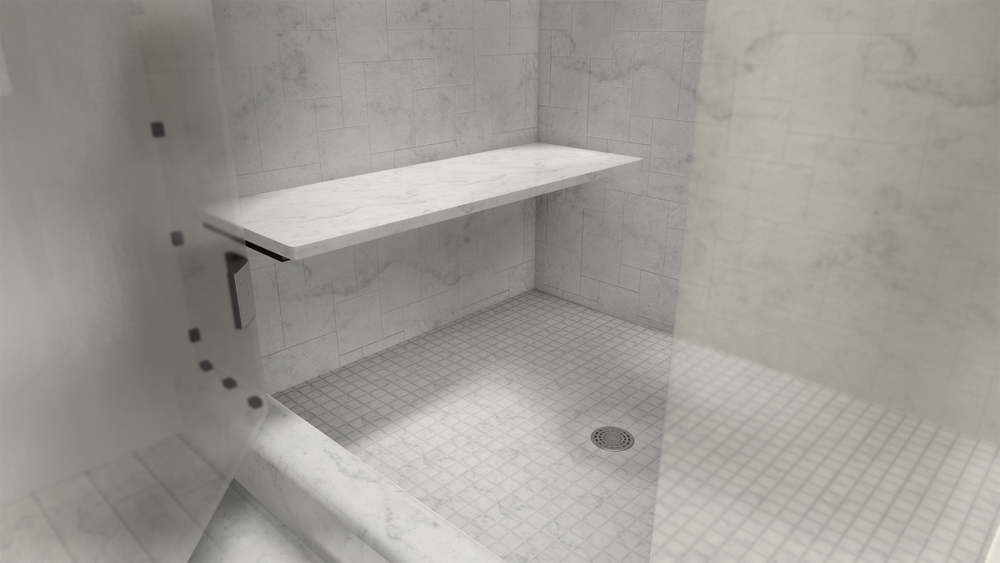 
                  
                    A white marble floating shower bench in a white tiled standing shower.
                  
                