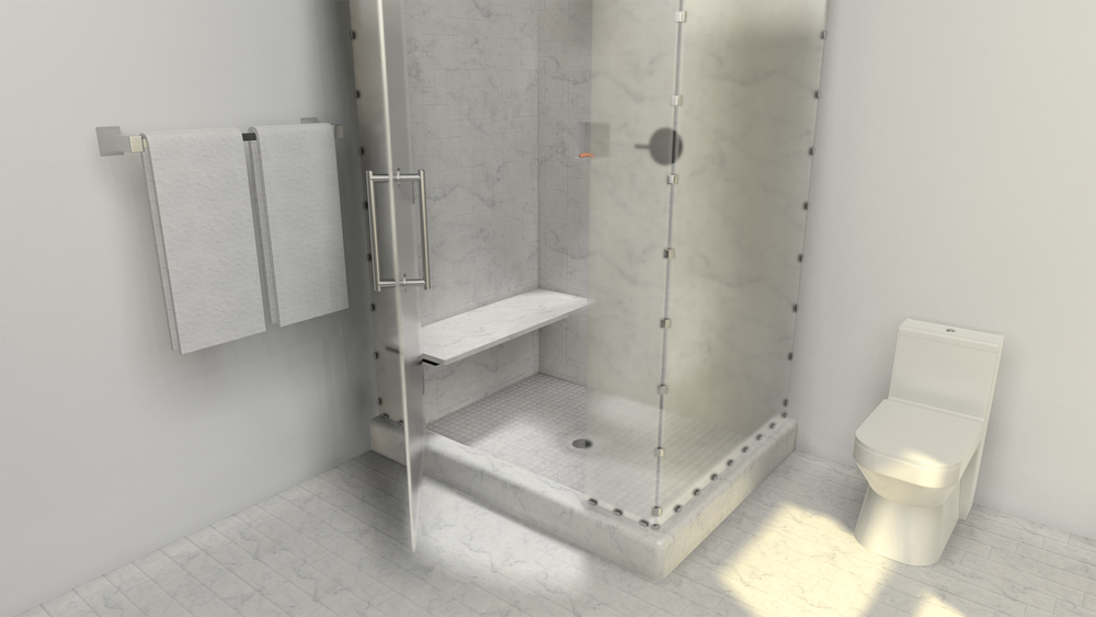 
                  
                    A wider view of a white marble shower bench in a white tiled standing shower with an open glass door next to a white toilet.
                  
                