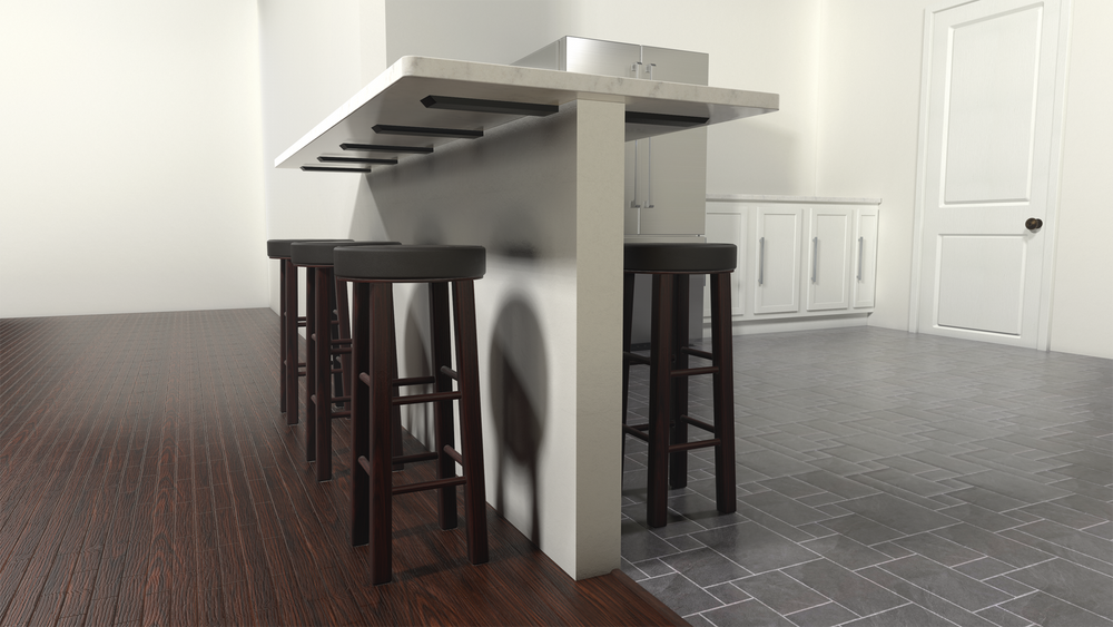 
                  
                    A side view of a white countertop showing five Flat Wall Countertop Support Bracket with four dark brown barstools sitting underneath.
                  
                
