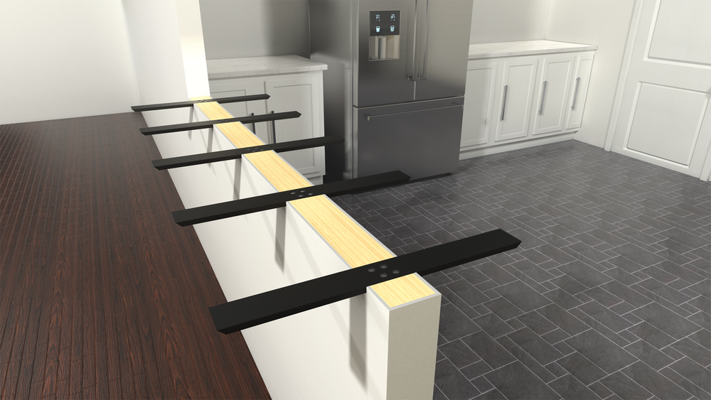 
                  
                    Top-down view of five exposed Flat Wall Countertop Support Brackets on a white wall with dark brown floors and gray tile on either side.
                  
                