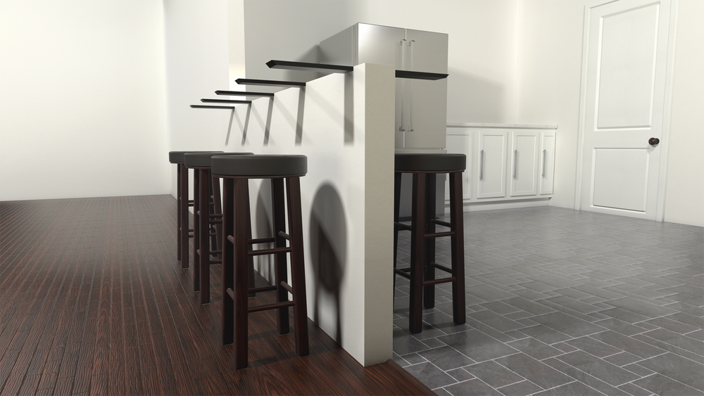
                  
                    Five exposed Flat Wall Countertop Support Brackets on a white half wall with four brown bar stools.
                  
                