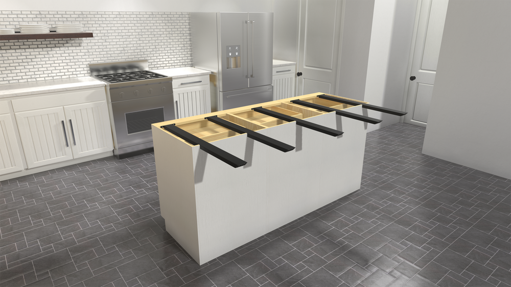 A white kitchen island with an open top showing 5 Industrial Hidden Island Support Brackets on a grey tile kitchen floor.