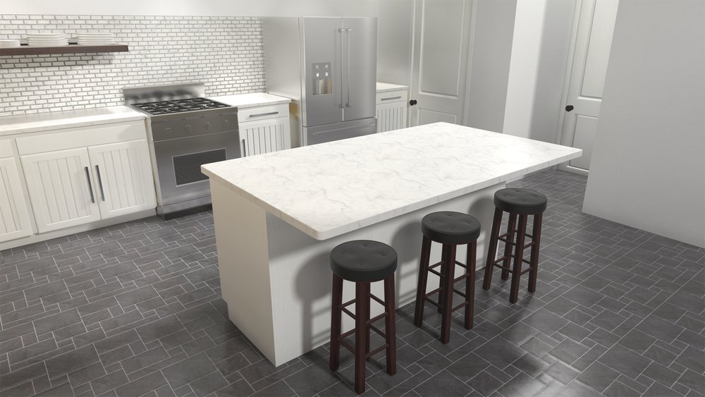 
                  
                    A white kitchen island with a marble countertop supported by Hidden Island Support Brackets with three dark brown barstools on a grey tile floor in a white-theme kitchen.
                  
                