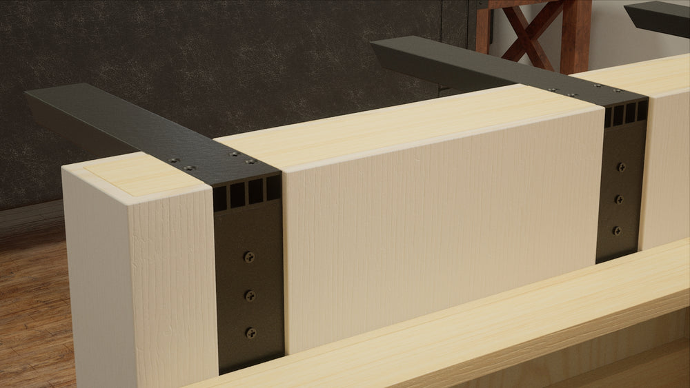 
                  
                    A close up right-angle view of 2 Industrial L Countertop Support Brackets attached to a beige island bar.
                  
                