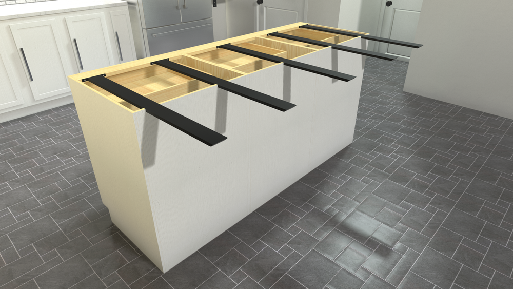 A white kitchen island with an open top showing the 5 Black Hidden Island Support Brackets on a gray tile.